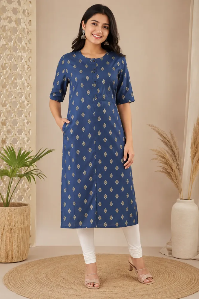 Women's Navy Blue Rayon Straight Kurti with Printed Design & Pocket | Casual Daily Wear