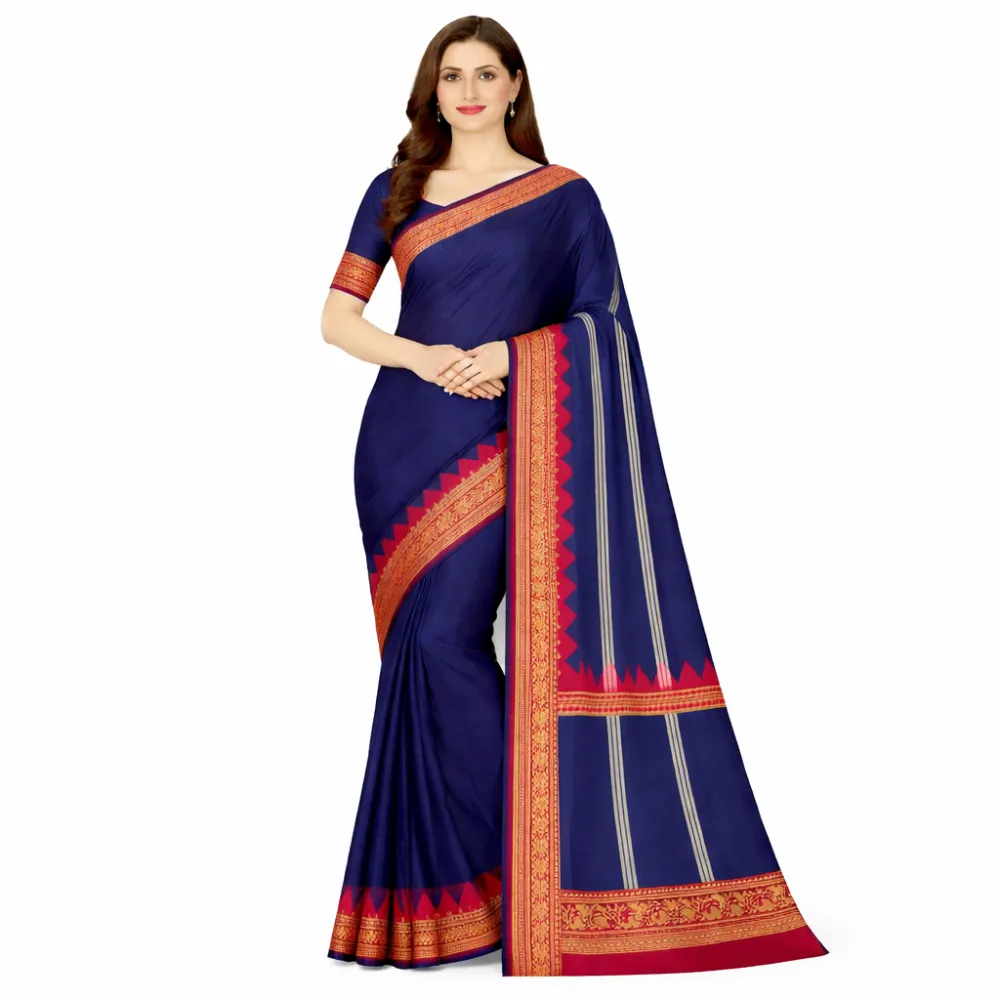 Pure Handloom Gadwal Cotton Saree â€“ Classic Navy Blue with Rich Red & Gold Zari Border