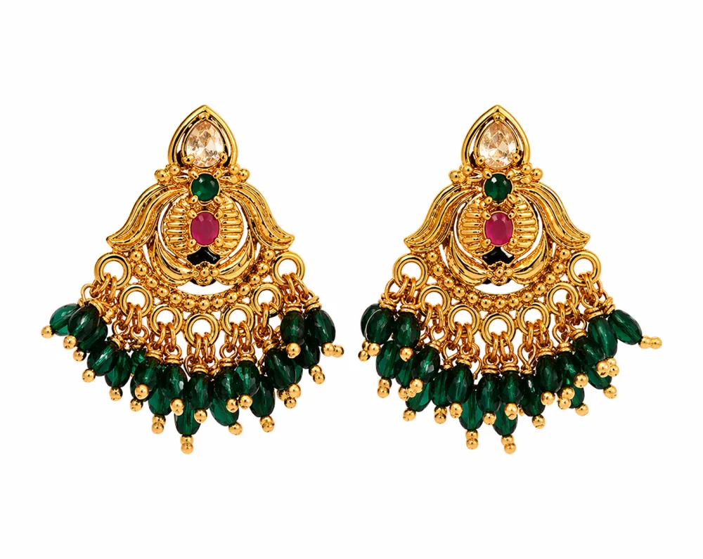 Gold Plated Green Beaded Chandbali Earrings for Women
