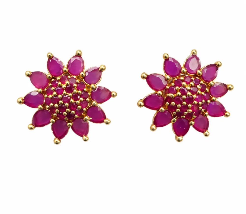 Gold Plated Ruby Floral Stud Earrings for Women & Girls