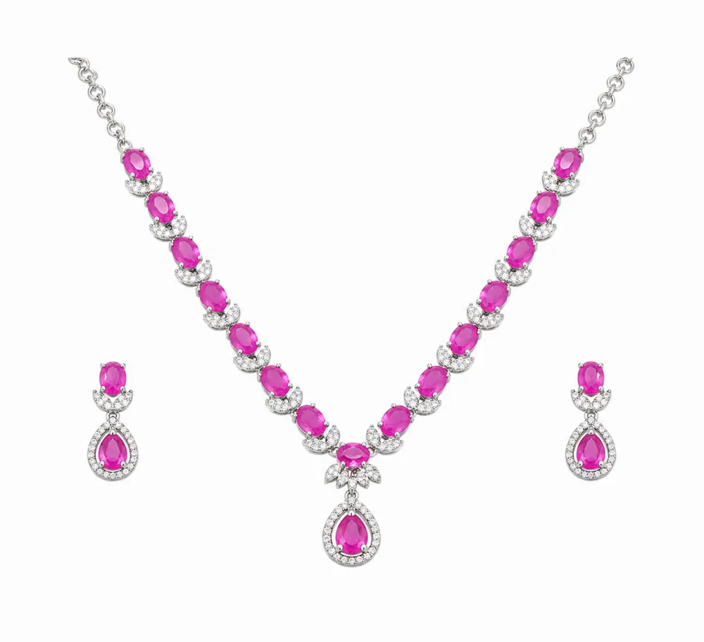 Silver Plated Hot Pink AD Stone Necklace Set with Teardrop Pendant & Matching Earrings