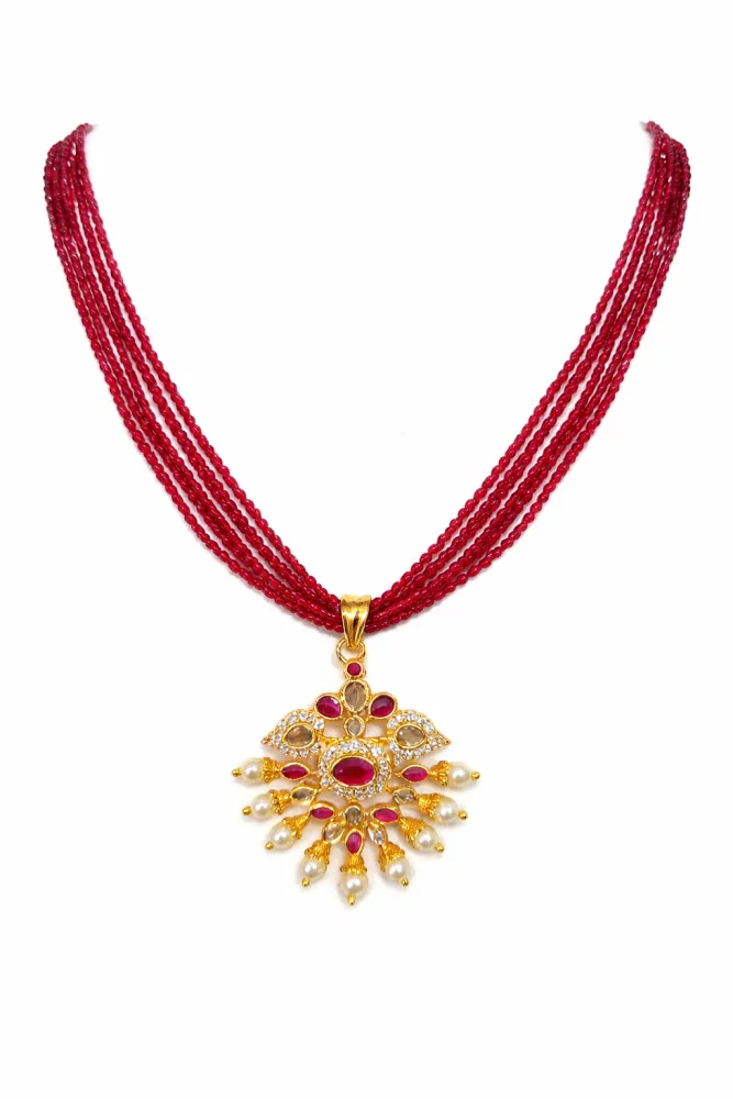 Ruby Red Beaded Pendant Necklace