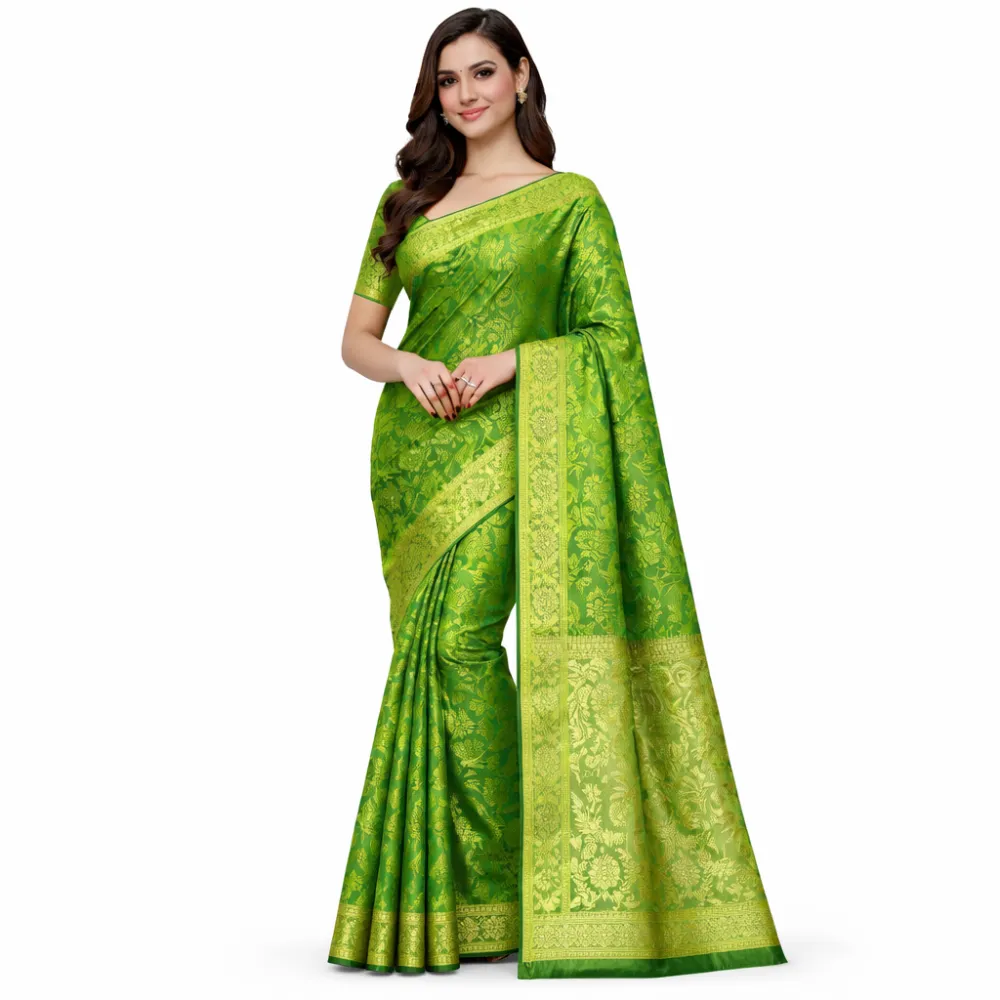 Green Banarasi Silk Saree with Rich Gold Zari Floral Weaving | Traditional Wedding & Festive Wear