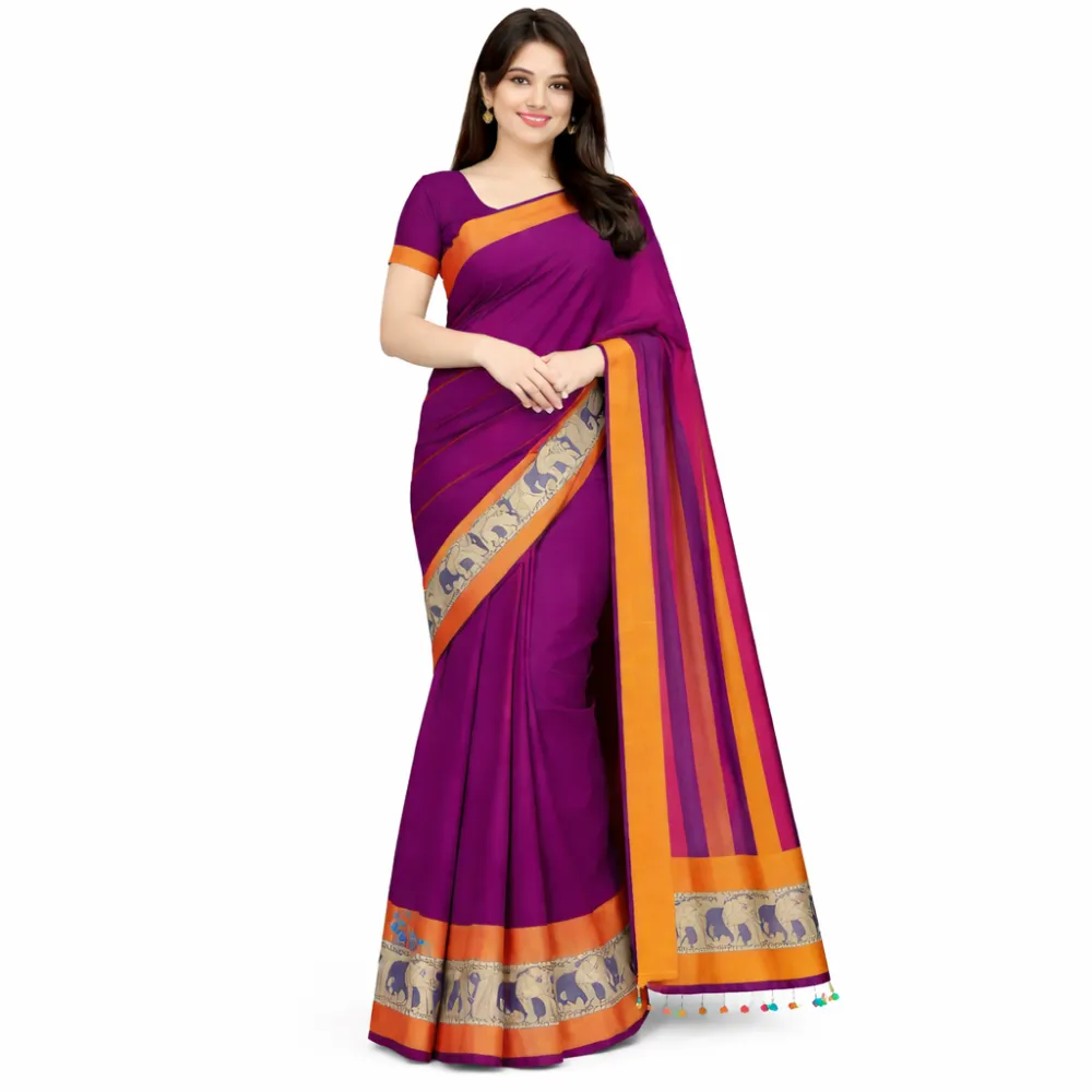 Narayanpet Pure Handloom Masraj Cotton Saree â€“ Purple with Orange Elephant Zari Border
