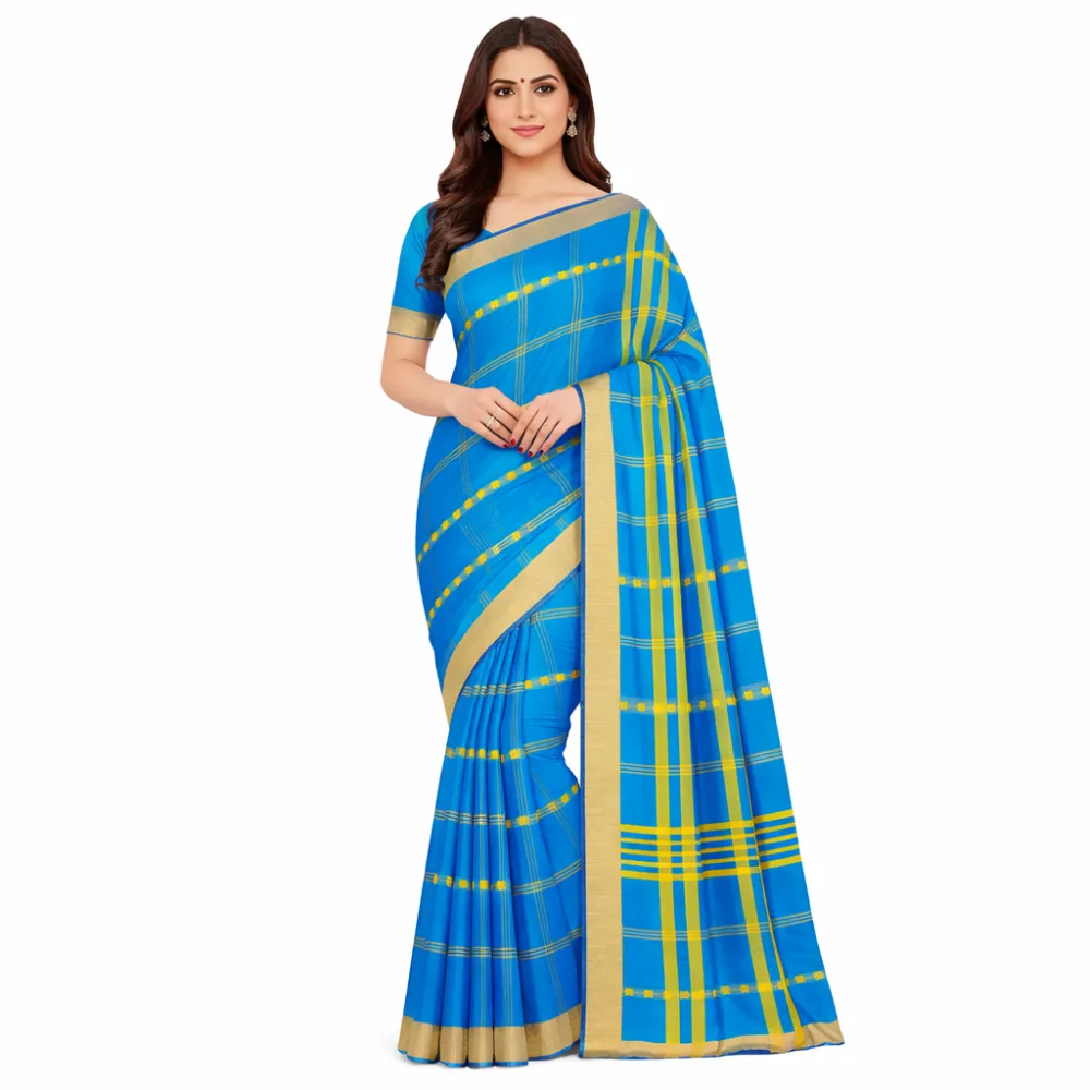 Narayanpet Pure Handloom Masraj Cotton Saree â€“ Royal Blue with Gold & Yellow Checked Border