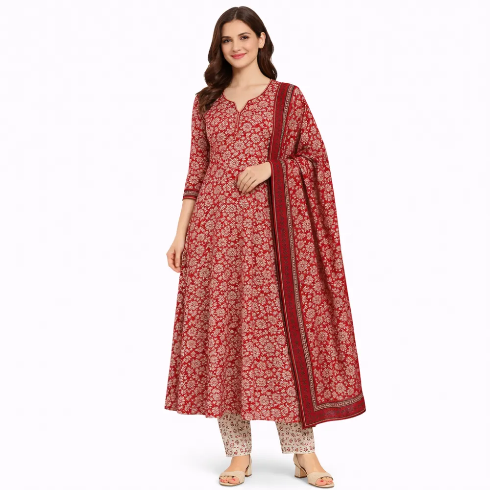 Women's Brown Floral Printed Cotton Blend Anarkali Kurta Pant & Dupatta Set