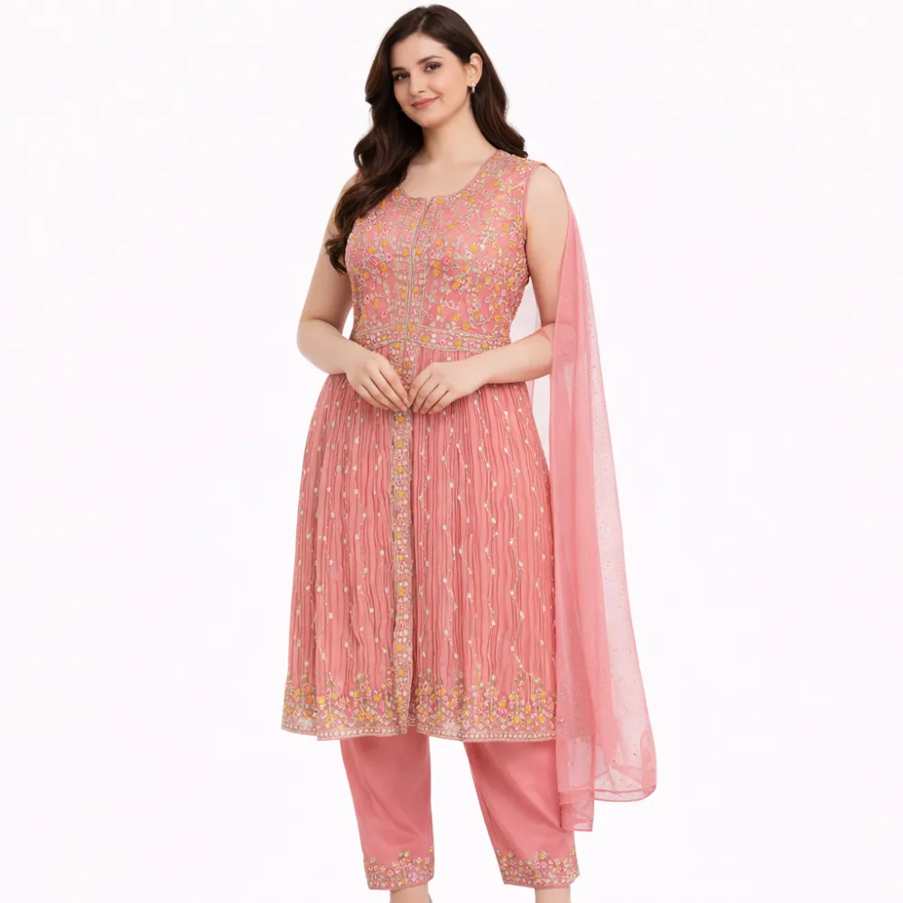 Women's Peach Embroidered Kurta Set with Dupatta | Party Wear Salwar Suit