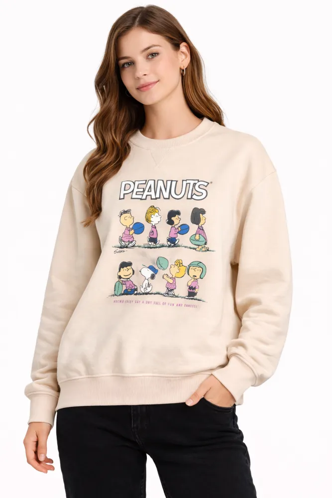 Unisex Cream Cotton Fleece Peanuts Printed Sweatshirt | Full Sleeve Round Neck Casual Winter Sweatshirt