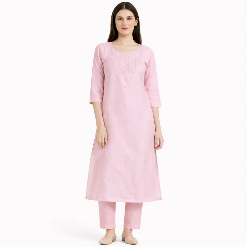 Women's Baby Pink Embroidered Straight Kurta | 3/4 Sleeves | Cotton Blend Ethnic Kurti