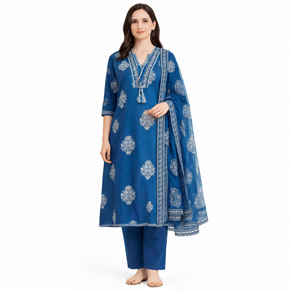 Women's Royal Blue Printed Kurta Pant & Dupatta Set | Ethnic Cotton Blend Suit