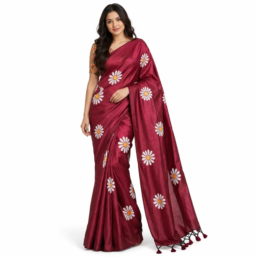 Women's Maroon Pure Khadi Cotton Saree with White Sunflower Floral Design