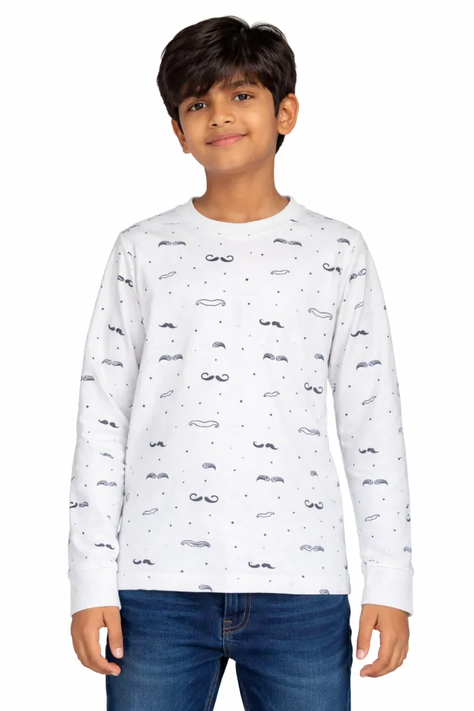 Kids White Full Sleeve Printed Cotton T-Shirt | Round Neck Casual Wear | Ages 4–6 Years