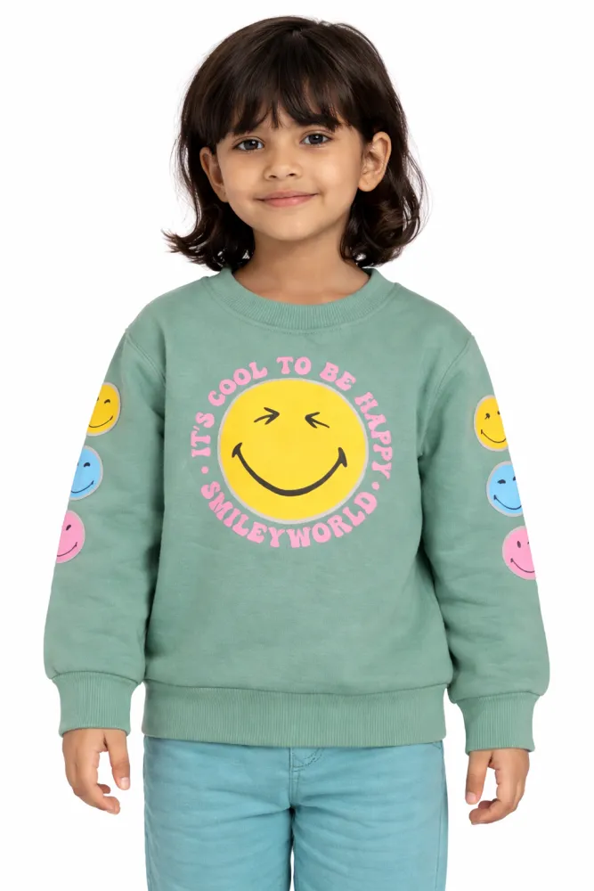 Kids Happy Face Graphic Full Sleeve Sweatshirt for Boys & Girls | Soft Cotton Fleece | Mint Green | Age 2–3 Years